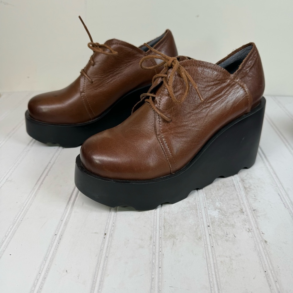 Woo Poem brown leather platform oxfords